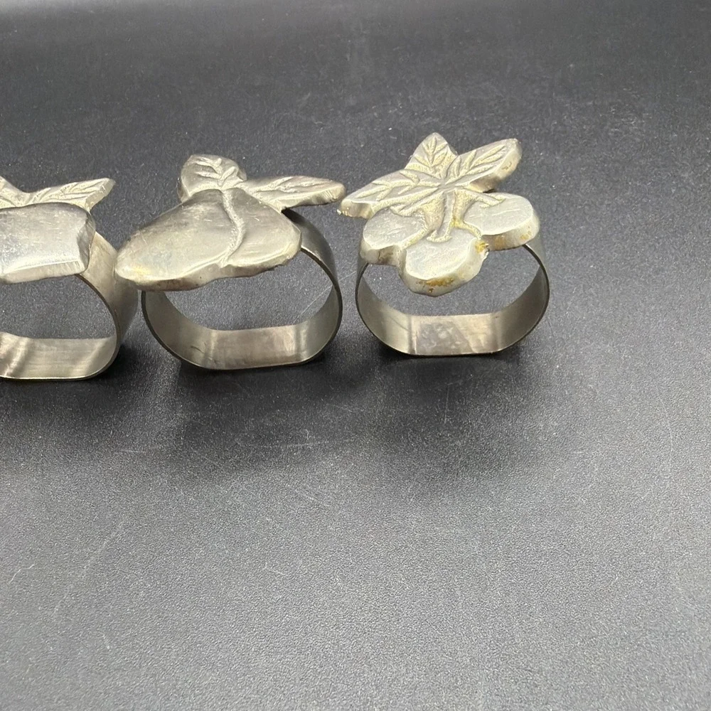 Vtg. Set of Four (4) Pewter Fruit Themed Napkin Rings-Apple-Grapes-Pear-Cherries